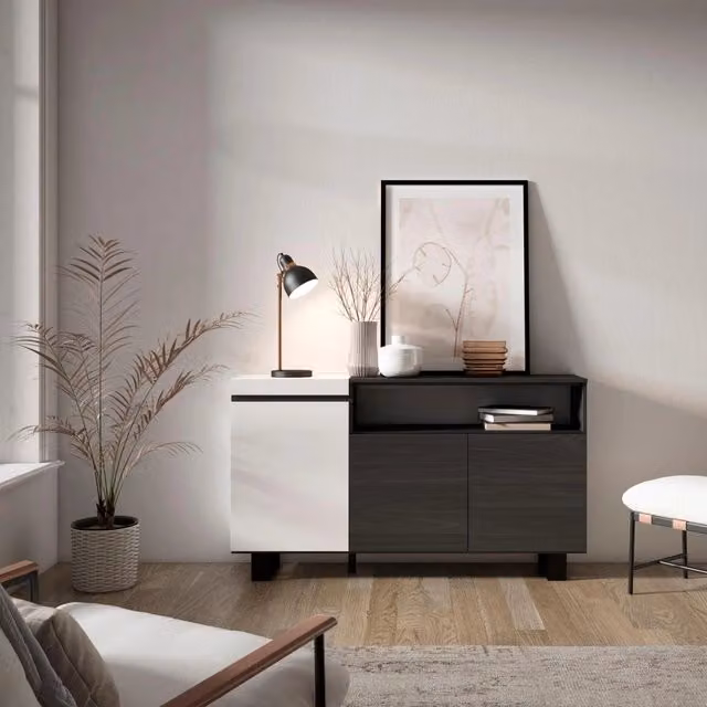 Credenza, Mobile, 150x35x87cm, 3 Porte, Design industriale, Bianco e nero RF2505