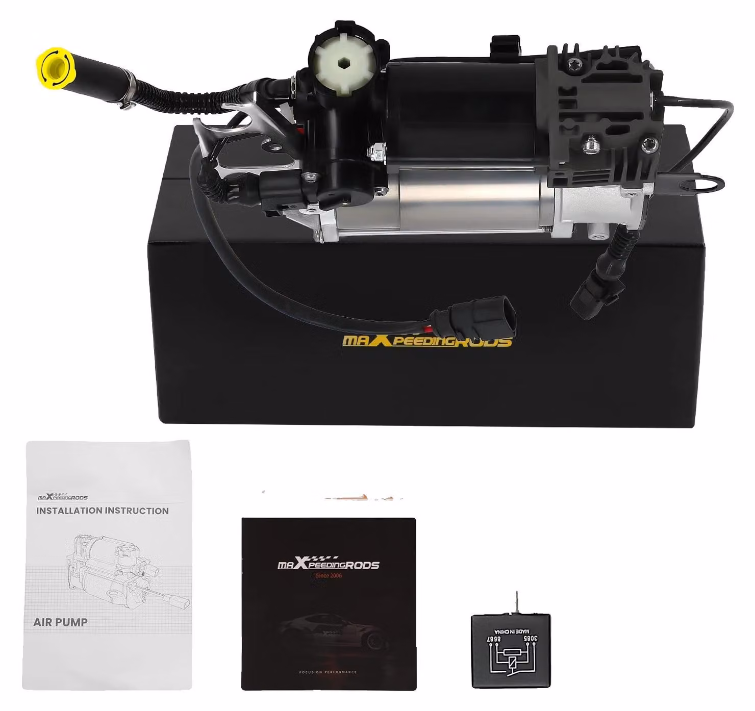 Compressore per sospensioni pneumatiche, tensione 13 V CC, pressione di esercizio 20 bar, corrente nominale 35 A, dimensioni 32,5 x 20,5 x 19,5 cm, peso 3700 g