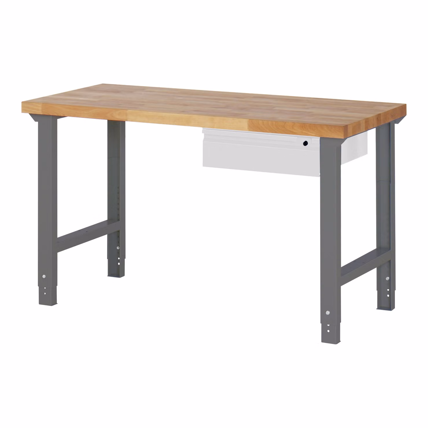 Banco da lavoro regolabile in altezza STIER Premium, 1 cassetto, 150x70x79-114 cm, in acciaio verniciato a polvere e faggio, ideale per ambienti di lavoro flessibili ed ergonomici