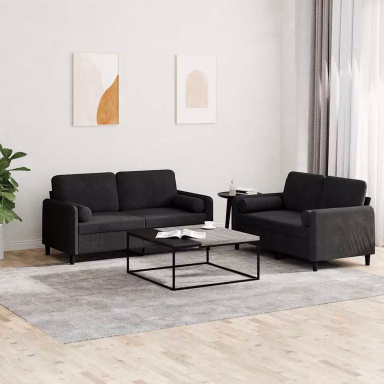 Set di 2 Divani vidaXL in Velluto Nero con Cuscini per Soggiorno Moderno