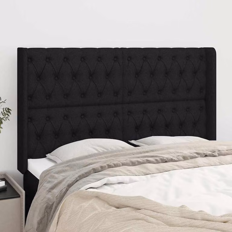 Testiera ad orecchio vidaXL in tessuto nero con struttura in legno e pannello imbottito L: 147 cm, P: 16 cm, H: 118/128 cm