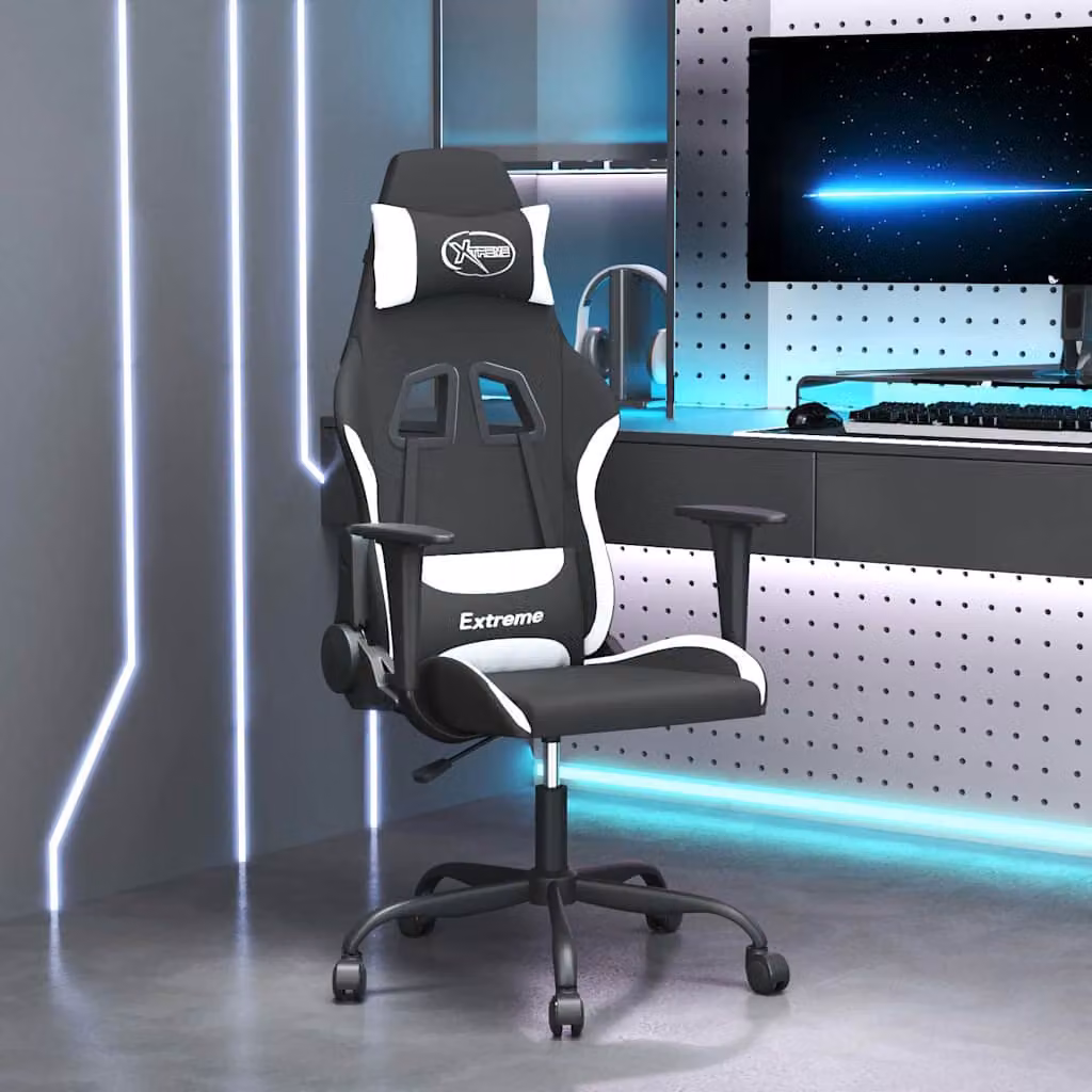 Sedia da Gaming vidaXL in Tessuto Nero e Bianco con Poggiatesta e Ruote