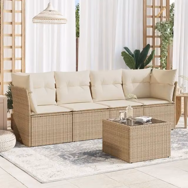 Set Divano da Giardino 5 pz con Cuscini Beige in Polyrattan 3249077