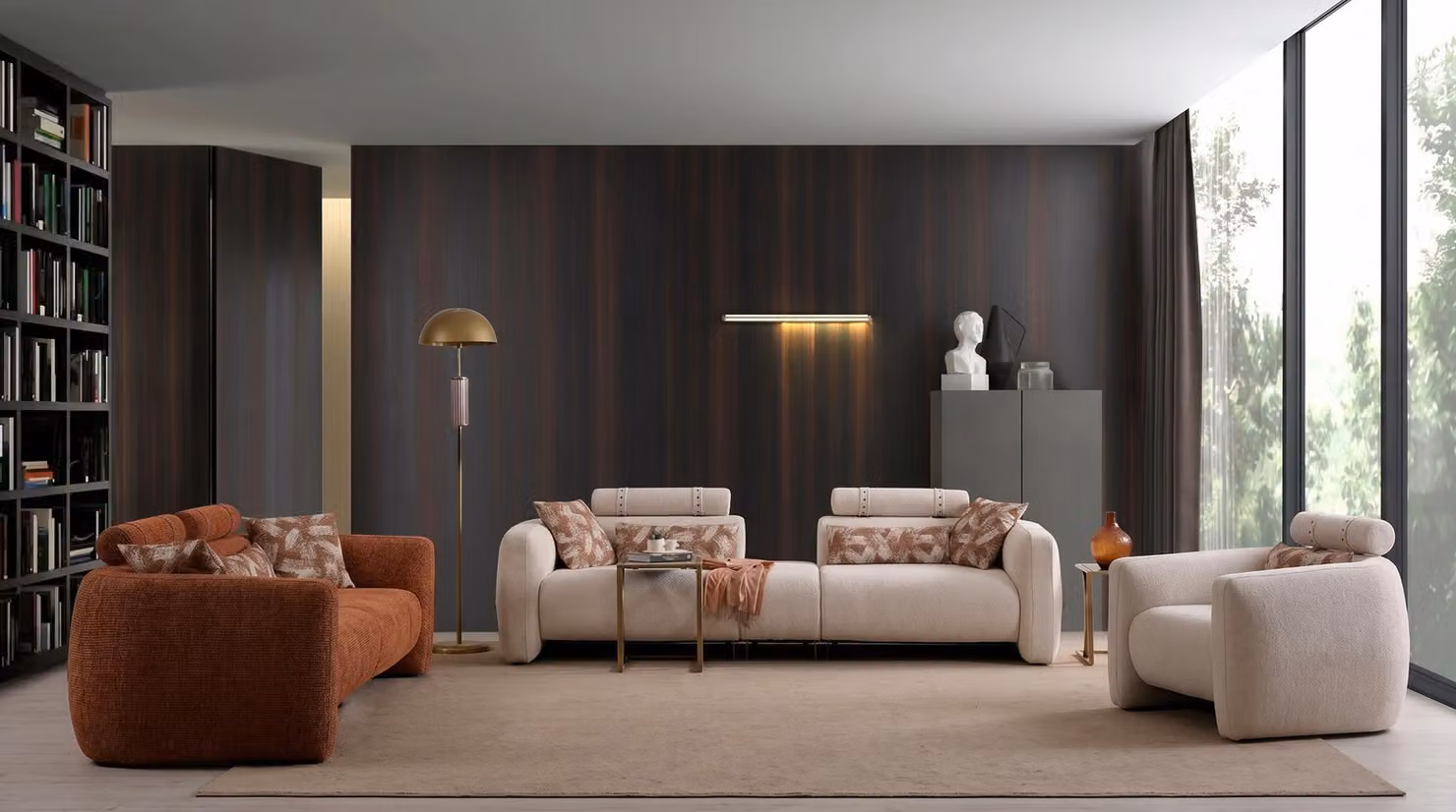 Wohnzimmer Set 3 Sitzer Sofa Sessel Modern Beige Kontrastreich