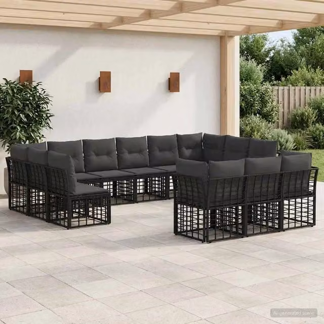 Set di divani da esterno a forma di U vidaXL con cuscini, struttura in acciaio verniciato a polvere e tessuto resistente alle intemperie, Nero e Grigio – 1