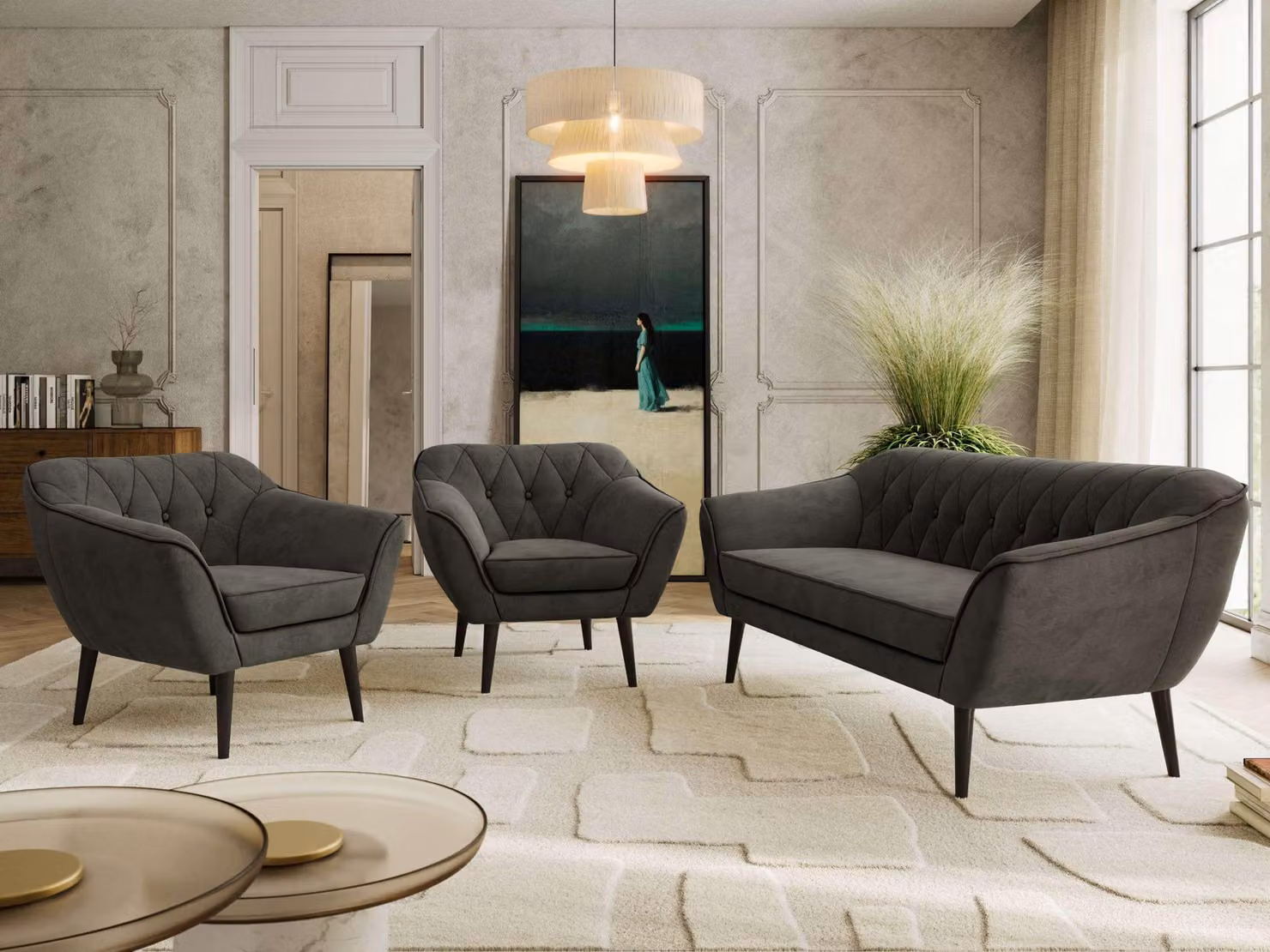 Divano componibile MKS MEBLE, set divani PIRS 1-1-3, divano scandinavo a 3 posti con poltrone, divano con sospensioni a molle, gambe nere, design scandinavo - velluto grigio scuro