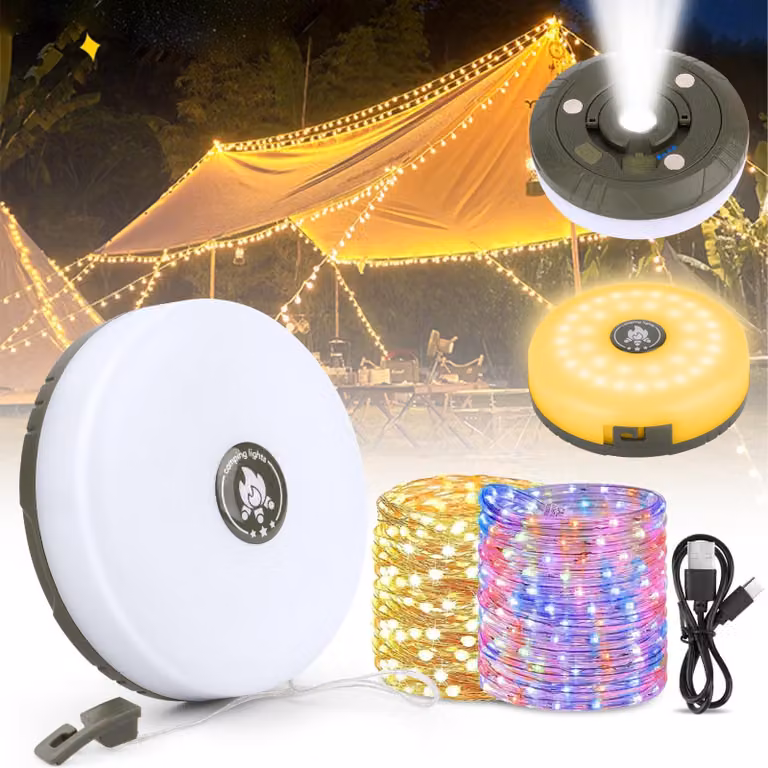 Catena di luci LED da campeggio, arrotolabile, 10 metri, ricaricabile tramite USB, grado di protezione IPX6