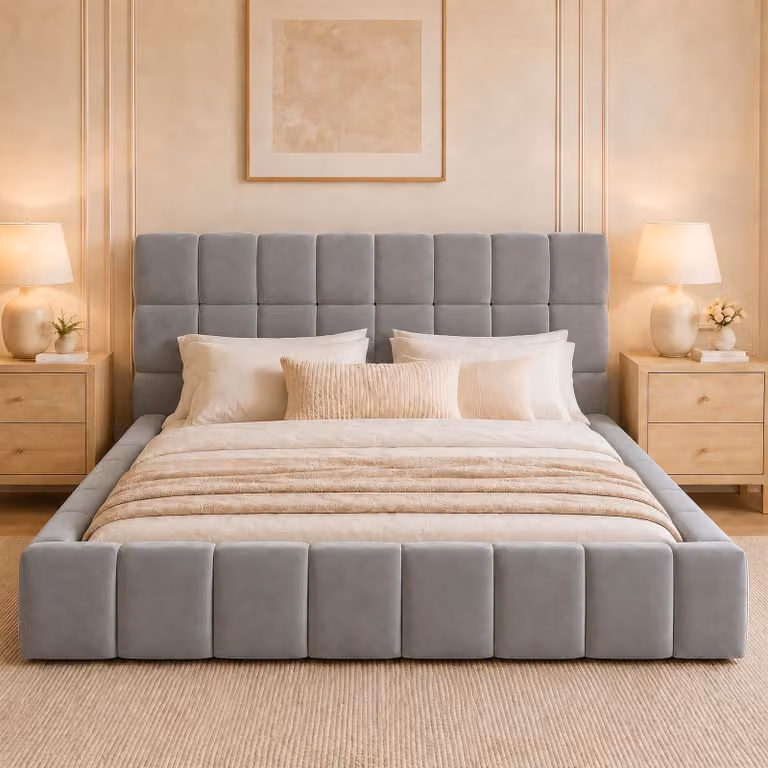 Letto imbottito Flieks 140x200 cm con rete a doghe, letto matrimoniale per ragazzi con testiera imbottita, letto per bambini in legno con bordatura imbottita, velluto, grigio
