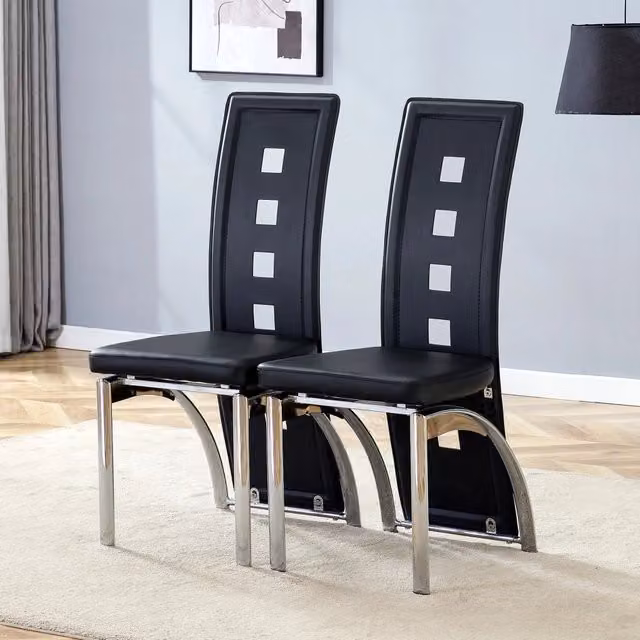 Set di 2 sedie da pranzo MINIMAL con schienale traforato in ecopelle nera e gambe in metallo argento