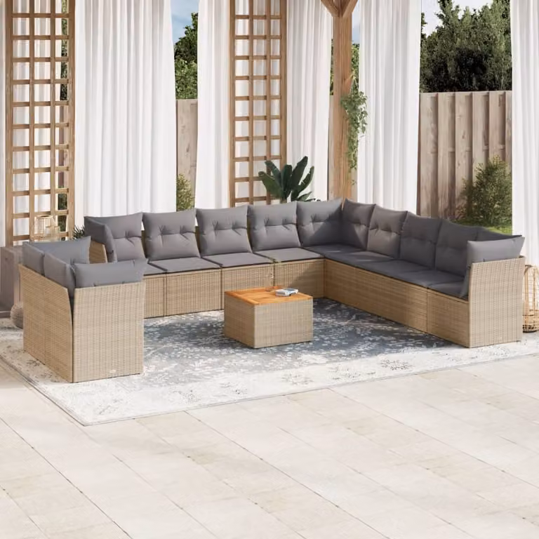 vidaXL Set Divano da Giardino a L con Tavolino, Polyrattan e Acciaio, Beige/Marrone/Grigio con Cuscini Rimovibili