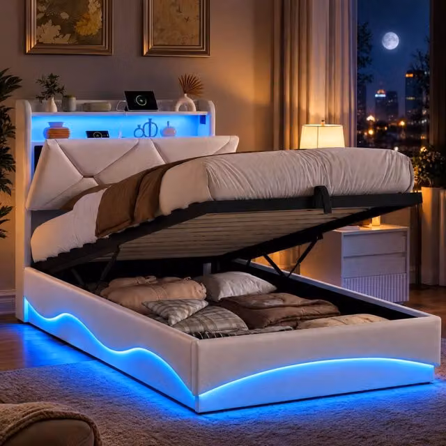 Letto Contenitore Singolo 90x200 cm; Letto imbottito con LED e USB; Letto idraulico con Rete a doghe e Testiera con Contenitore; Veluto; Beige