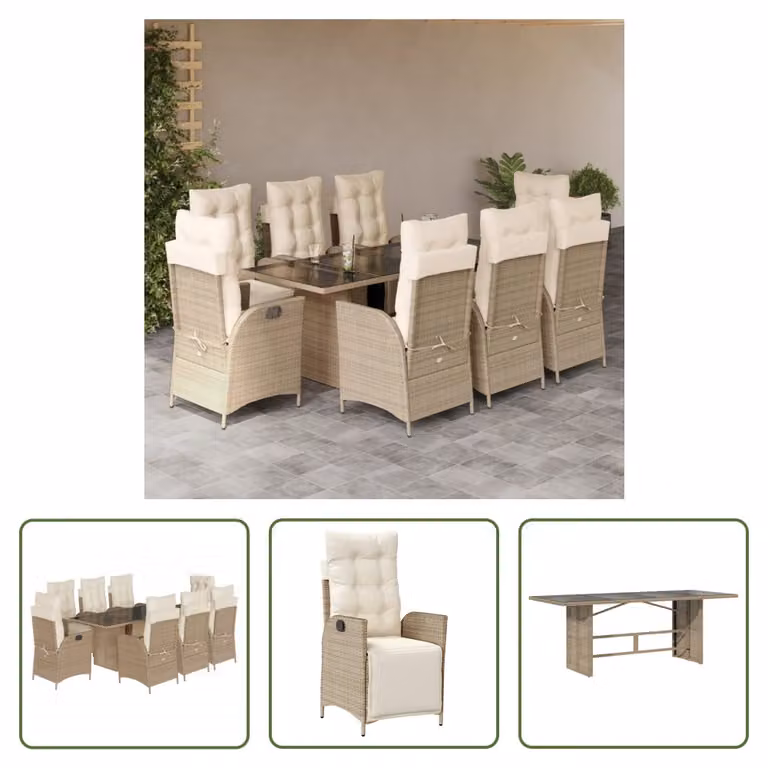 The Living Store Set da pranzo da giardino 9 pezzi con cuscini Beige poly rattan