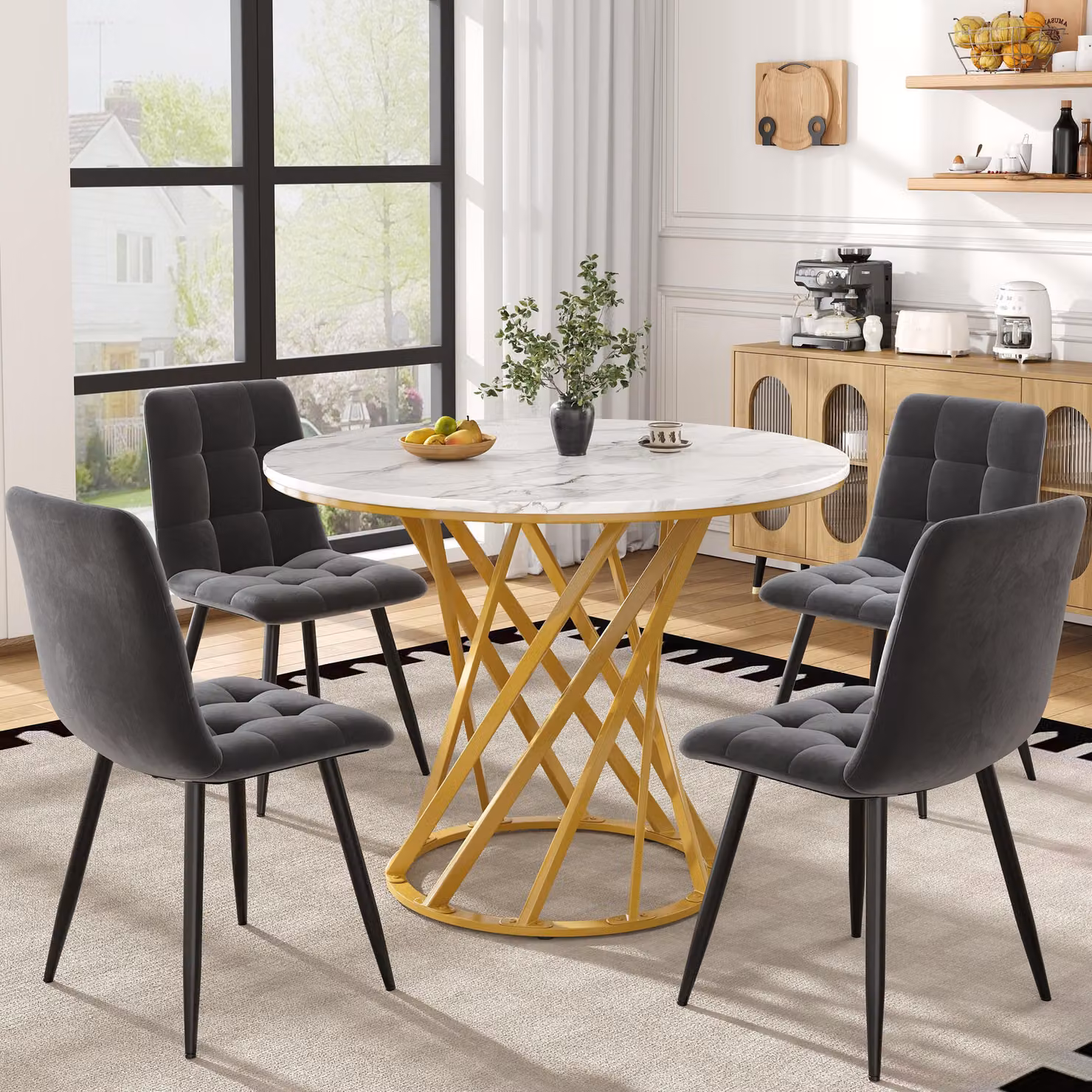 Set tavolo da pranzo Sweiko (5 pezzi), set tavolo da pranzo con 4 sedie, set tavolo da cucina moderno, tavolo da cucina rotondo con diametro di 80 cm e gambe in metallo dorato, piano tavolo in MDF bianco, sedie da pranzo in velluto grigio scuro