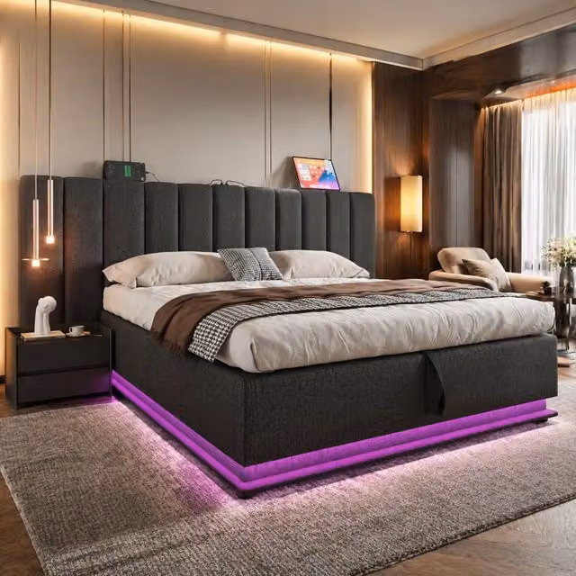 Letto matrimoniale contenitore 180x200 cm con illuminazione LED, caricatore USB-C e struttura in lino grigia senza materasso e comodino