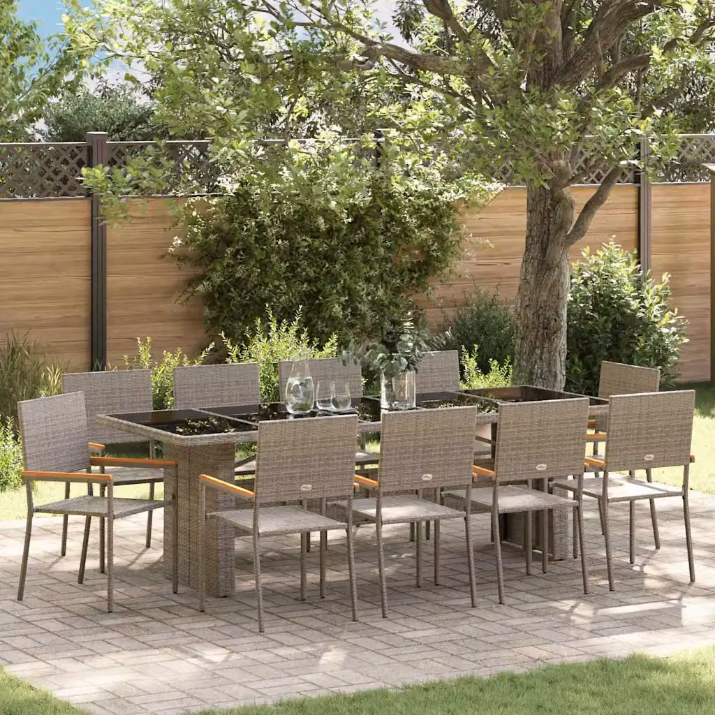 Set da pranzo per giardino e terrazza vidaXL in polyrattan e legno di acacia, 11 pezzi, grigio e marrone – 1