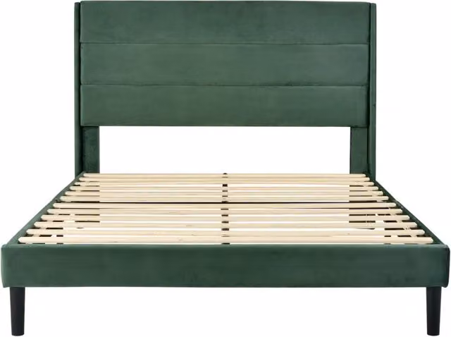 Letto matrimoniale imbottito 140x200 cm con testiera e rete a doghe, rivestimento in velluto verde scuro