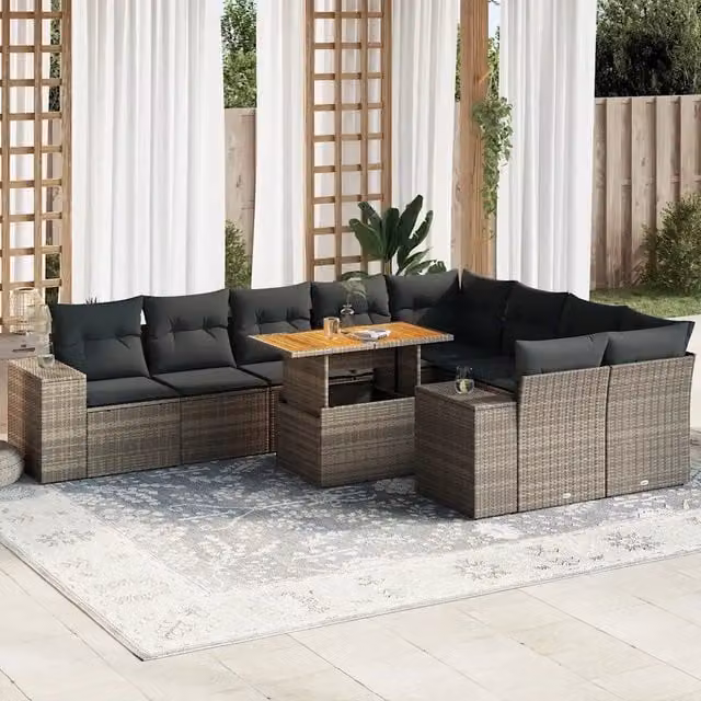 Set Divano da Giardino a Forma di U vidaXL in Polyrattan e Legno di Acacia con Cuscini Grigio 10 Pezzi – 1