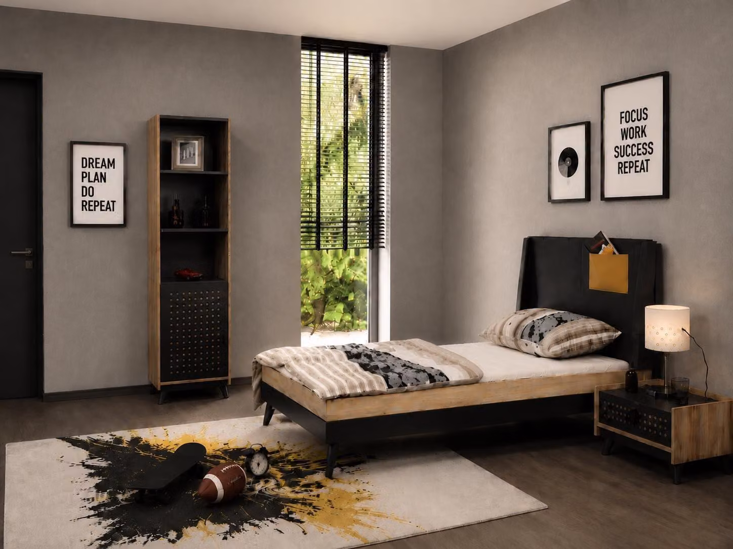 Letto singolo, letto per ragazzi, grigio, beige, design moderno, testiera, camera da letto