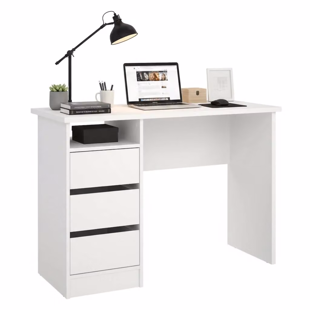 Scrivania moderna DMORA con cassettiera, tavolo da ufficio in MDF laminato bianco, L 125 cm x P 48,5 cm x H 76 cm – 2