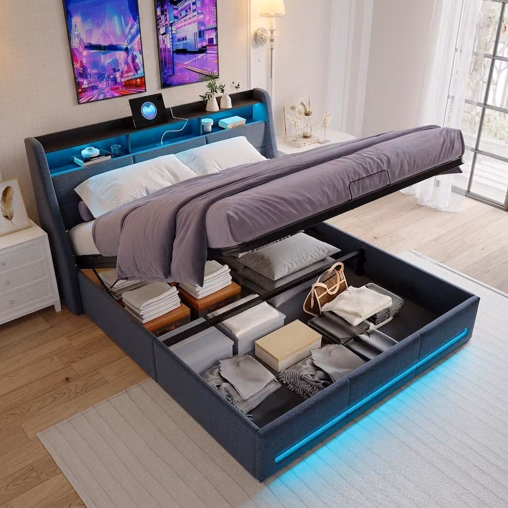Letto imbottito INONEFT 140x190 cm con LED e USB, letto box con sistema idraulico e contenitore, letto matrimoniale con spazio contenitore, rete a doghe, tessuto in lino, colore grigio