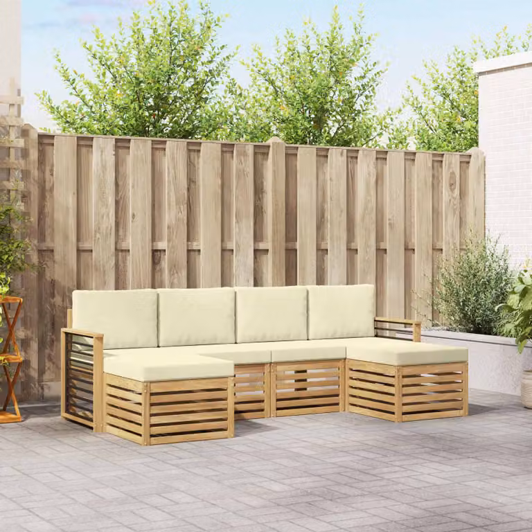 vidaXL Set di divani da esterno a L composto da 6 pezzi in legno di acacia con cuscini in poliestere bianco e beige