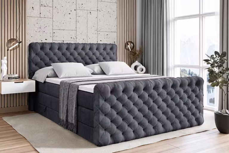 Letto boxspring ALTDECOR con pediera, 2 materassi e topper - 120x200 cm - BOXI8-Z KING - Velluto grigio scuro - Letto imbottito con materassi H3 e H4, contenitore e rete a doghe, letto con spazio contenitivo