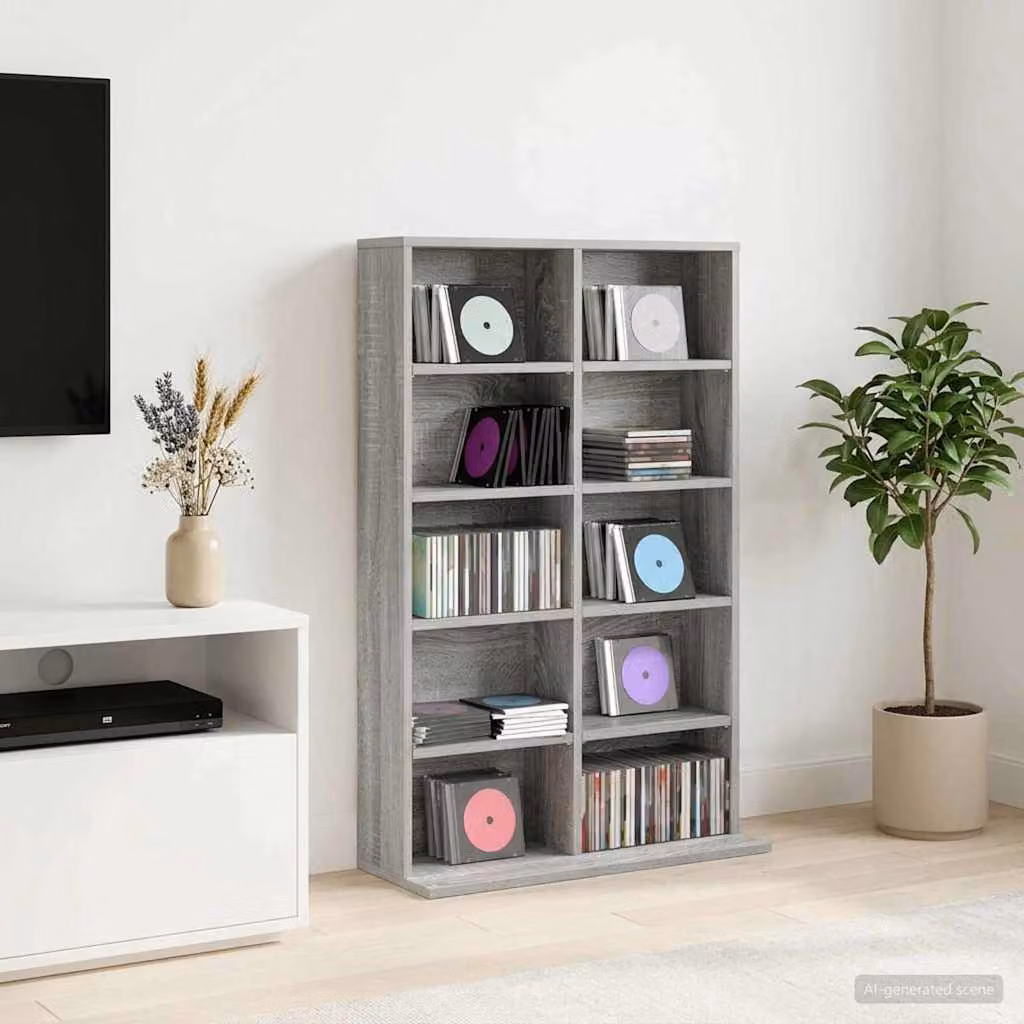 Mobile per CD e media vidaXL Sonoma grigio con ripiani regolabili L 65 cm, P 23,5 cm, H 97,5 cm