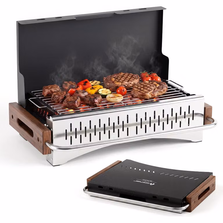 COSTWAY, barbecue a carbone piccolo, barbecue da tavolo pieghevole, barbecue da campeggio con 2 altezze di griglia regolabili, barbecue portatile a carbone, mini barbecue, dimensioni 50,5x33,5x6,5 cm