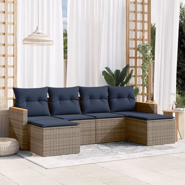 Set di divani da giardino vidaXL in polyrattan grigio con cuscini, componibile a L con elementi angolari, divani a 2 posti e pouf, struttura in acciaio verniciato a polvere e tessuto resistente ai raggi UV