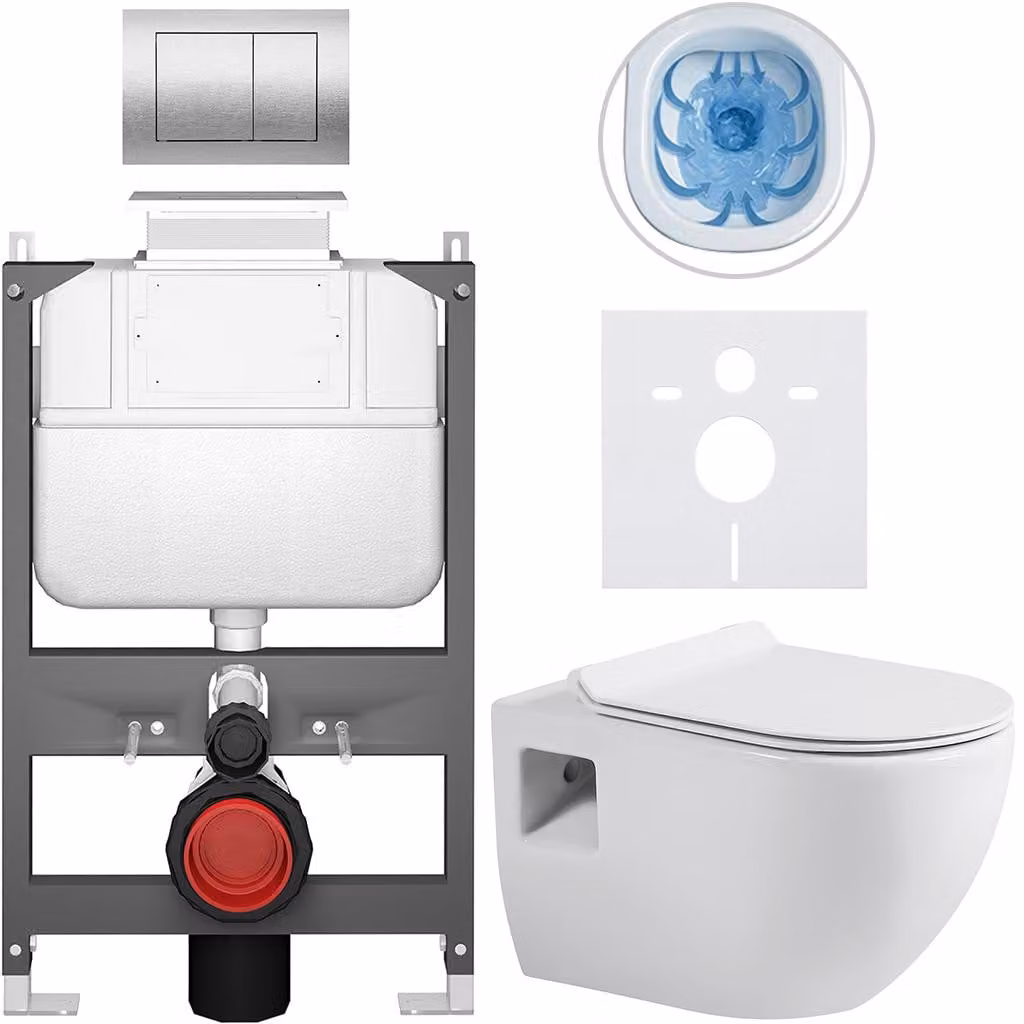 Set completo per WC sospeso Dure - bianco lucido - pulsante Prime/Maxio, argento - comando superiore - installazione a muro/con pannello di cartongesso - 51x35 cm