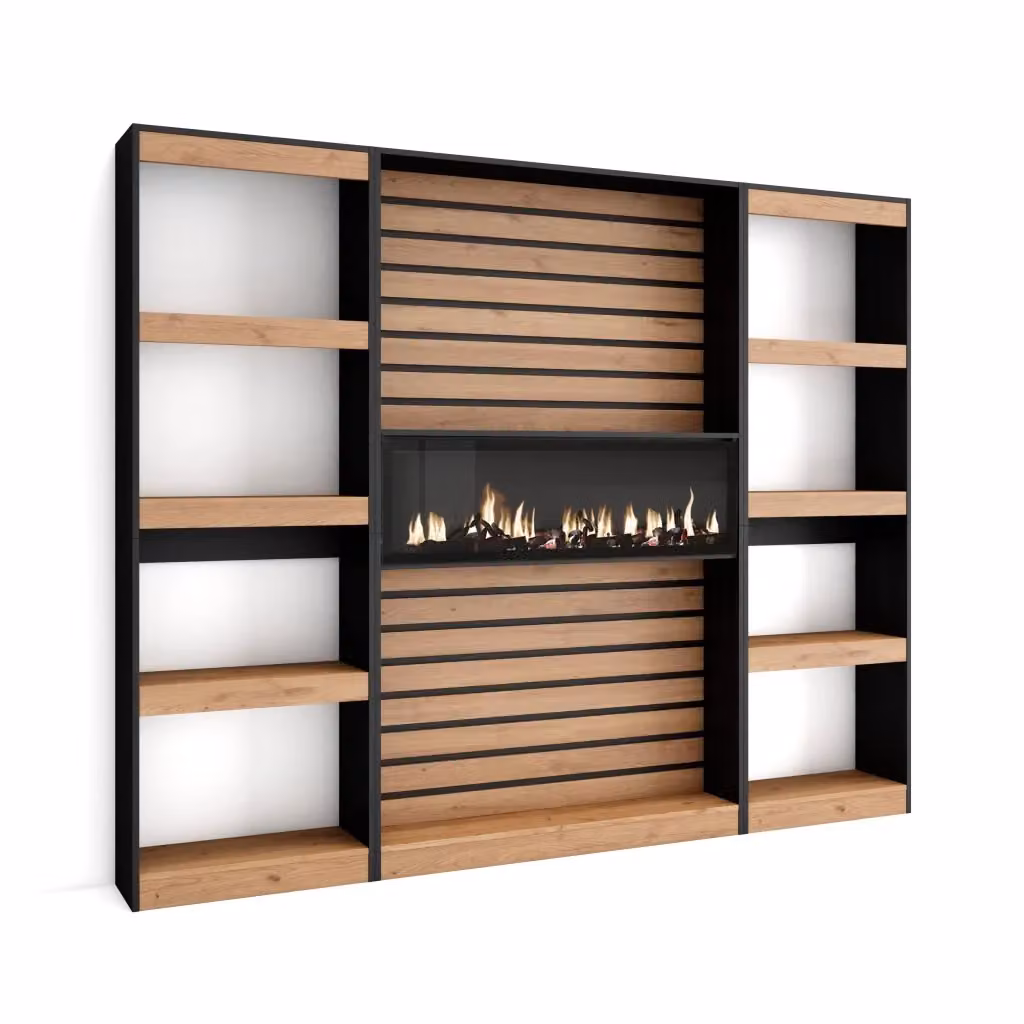 Libreria scaffale con camino elettrico SKRAUT HOME per soggiorno o ufficio, colore rovere e nero, L: 230 cm, P: 25 cm, H: 186 cm – 2