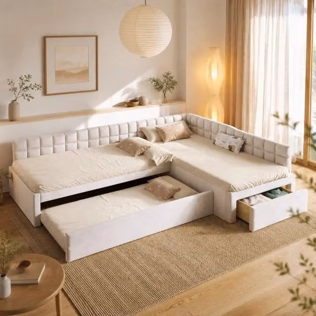 Letto angolare imbottito beige 90x200 cm con letto estraibile e cassetti, rivestimento in morbido velluto
