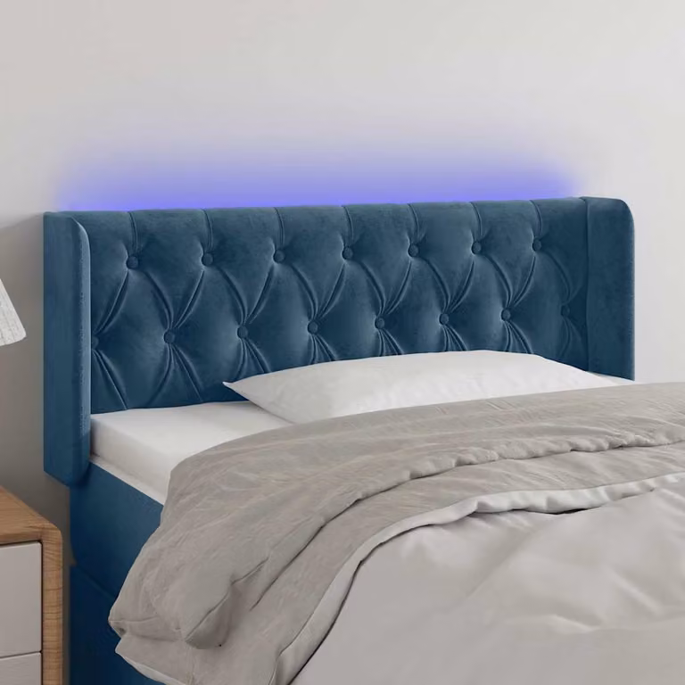 Testiera per letto vidaXL in velluto blu scuro con illuminazione LED e porta di ricarica USB, L 93 cm, P 16 cm, H 78-88 cm