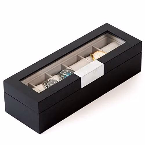 CASE ELEGANCE Scatola Portaorologi Moderna a 6 slot Nera con Clip in Metallo e Vetro Temperato