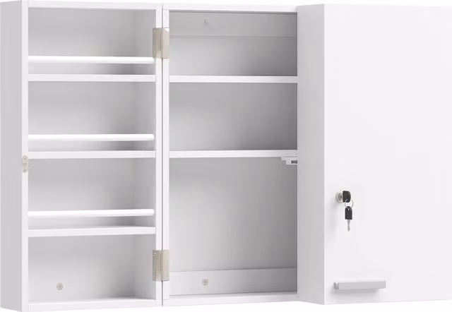 Armadietto Medicinali HOMCOM Bianco con 3 Mensole Interne e 8 Portabottiglie in Legno e Metallo L 53 cm x P 20 cm x H 53 cm