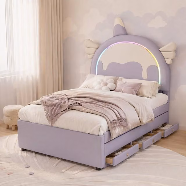 Lettino per bambini 90x200 cm a forma di unicorno con letto estraibile, materiali PU e MDF, viola