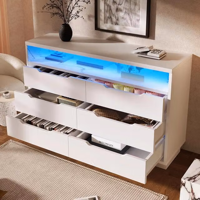 Buffet con LED - Xylo - 120??40??85 cm - 6 Cassetti Effetto Marmo Bianco