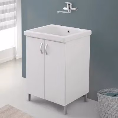 Mobile lavatoio bianco in ceramica e legno con strofinatoio integrato per bagno