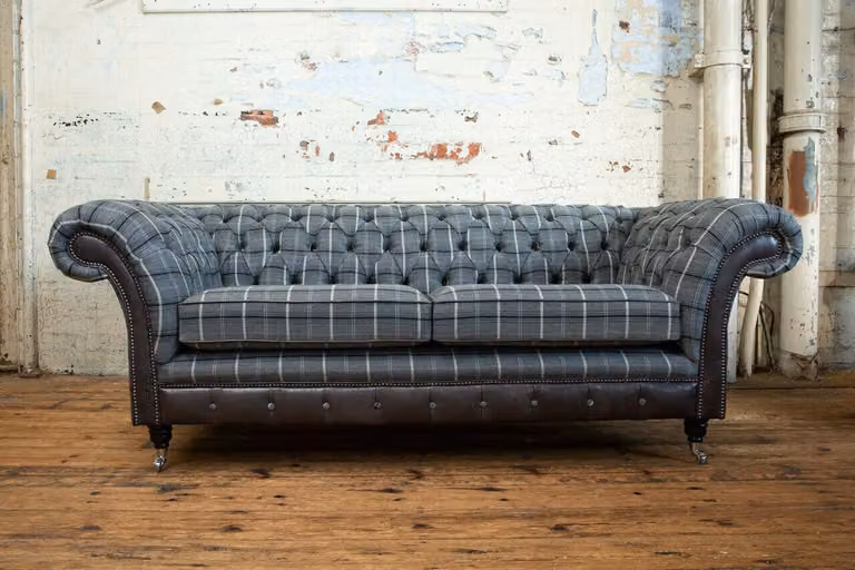 Chesterfield Sofa Dreisitzer Polster Design Couchen Sofas Garnitur Grau Webstoff