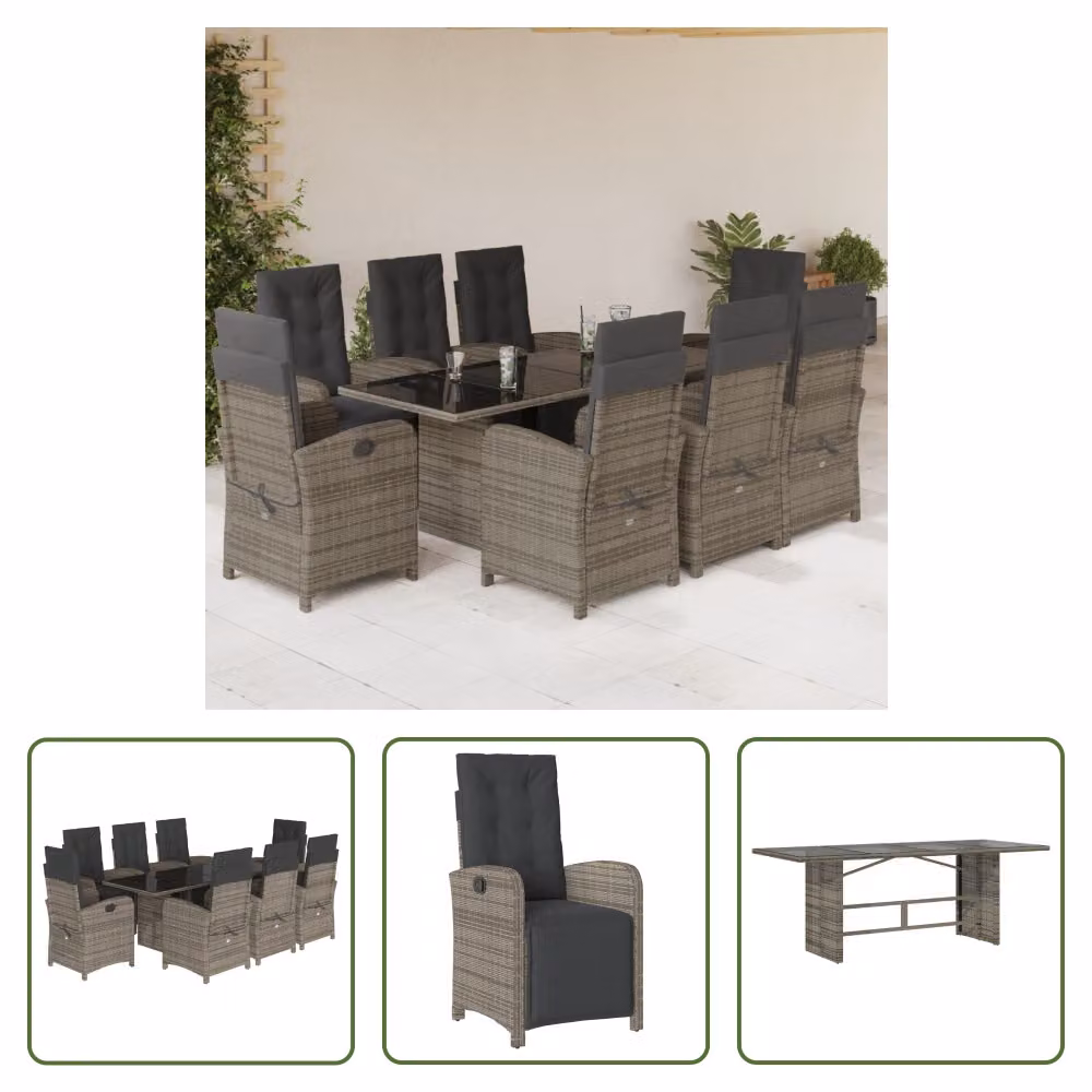 The Living Store Set da pranzo da giardino 9 pezzi con cuscini in poly rattan grigio