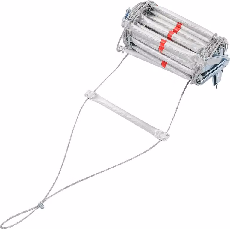 Scala di soccorso, lunghezza 10 m, portata 200 kg, in acciaio e lega di alluminio, montaggio a sospensione, lunghezza dell'asta a pedale 30 cm