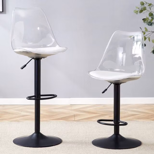 Sgabello da bar OKWISH girevole a 360 gradi con schienale trasparente e seduta in ecopelle nera, struttura in metallo bianco e nero per cucina o ufficio in casa
