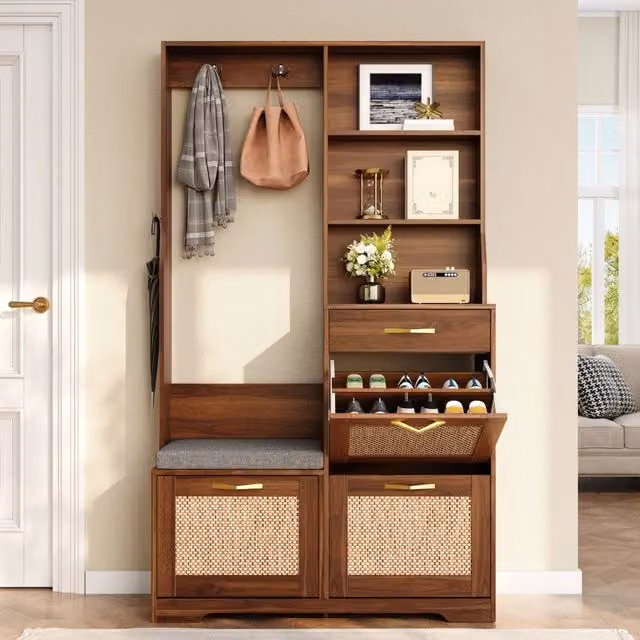 Scarpiera da ingresso OKWISH in MDF marrone con panca, 3 ante ribaltabili, cassetto, ripiani aperti e ganci, L: 100 cm, P: 30 cm, H: 170 cm
