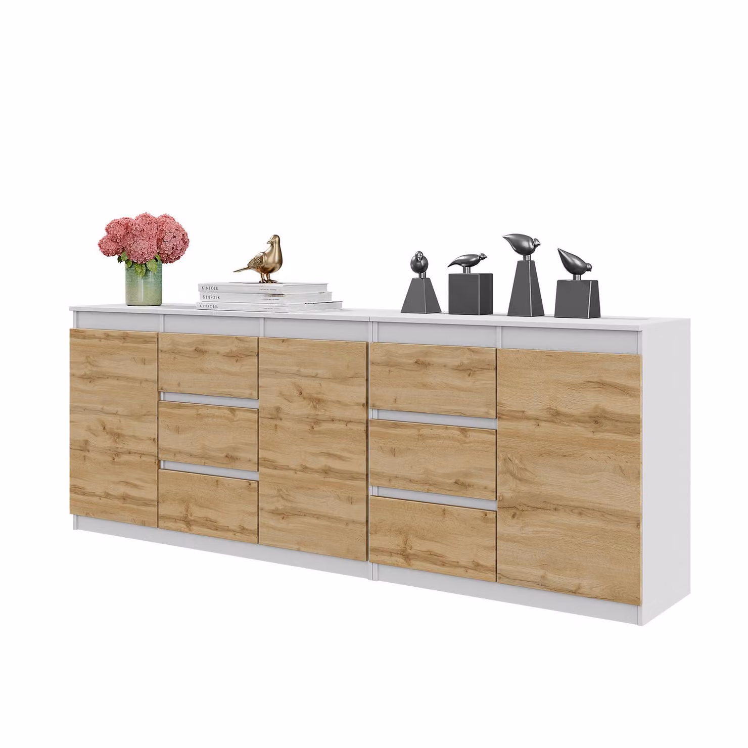 Kommode 200 Cm – Bianco Opaco / Rovere Wotan, 6 Cassetti, 3 Porte, 3 Ripiani, Set Di Due Kommode, Per Soggiorno