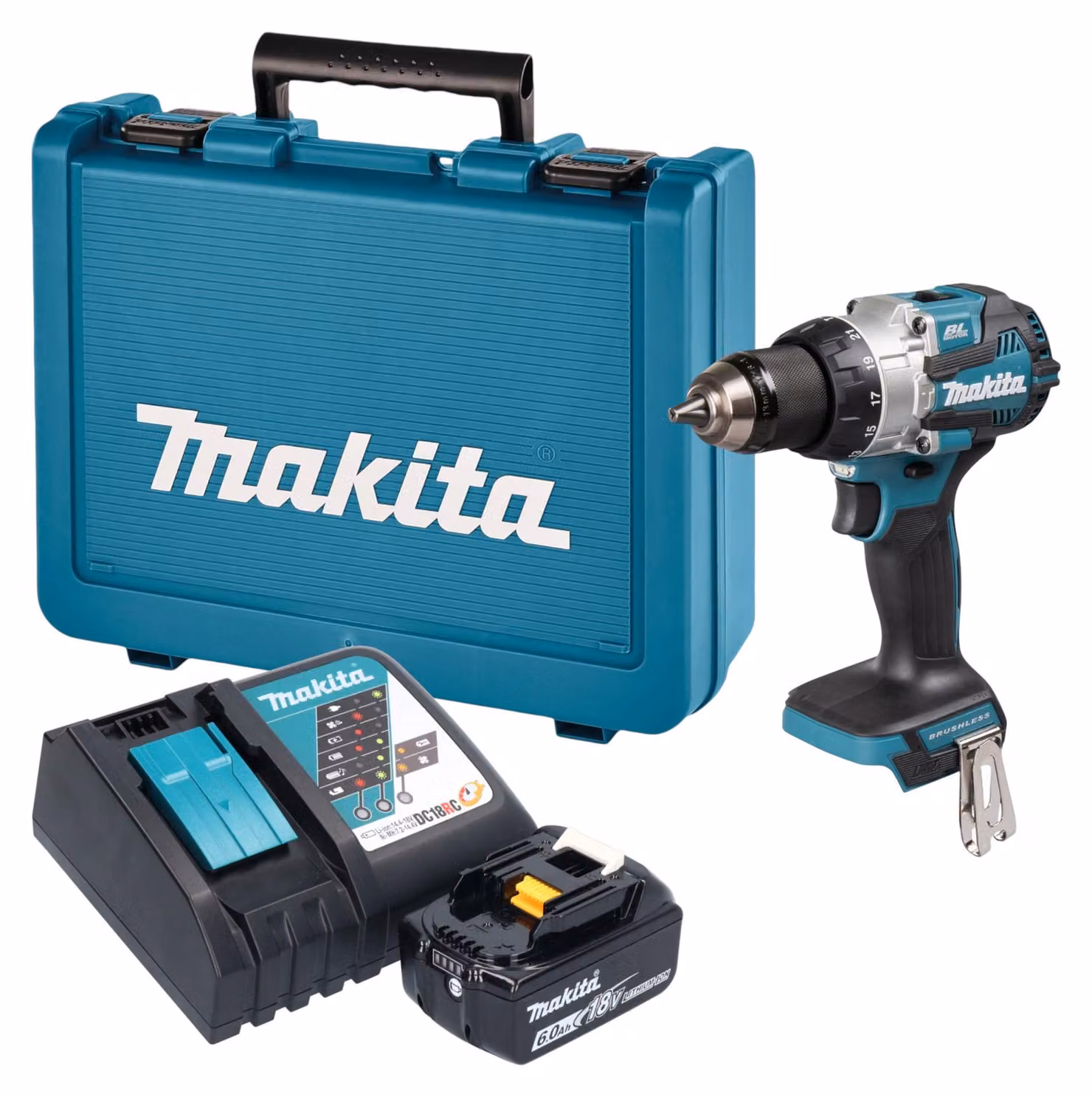 Trapano avvitatore a percussione a batteria Makita DHP 489 RG1E 18 V 73 Nm brushless + 1 batteria da 6,0 Ah + caricabatterie + valigetta