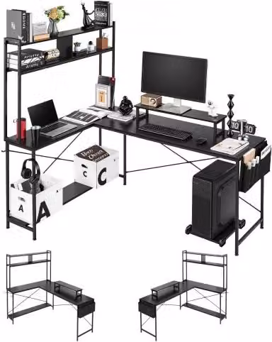 Scrivania Gaming a Forma di L Vevor Nera con Supporto Monitor e CPU, Reversibile e Moderna per Ufficio Domestico, L: 170 cm, H: 75 cm