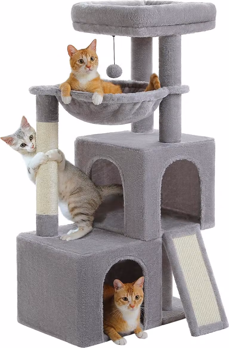 Graffiatoio 104 cm con 2 grotte, amaca e palla da gioco grigio