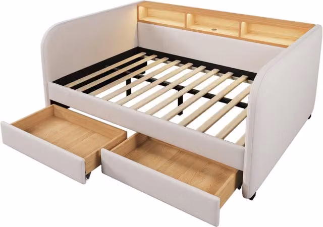Letto imbottito matrimoniale 140×190 cm con 2 cassetti; LED regolabile; USB e Type-C; senza materasso; beige