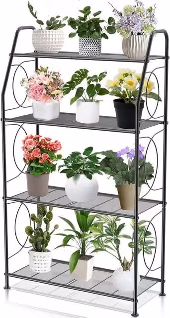 Supporto per piante a 4 livelli per interni ed esterni, supporto per piante metallico alto per salotto, balcone e giardino nero