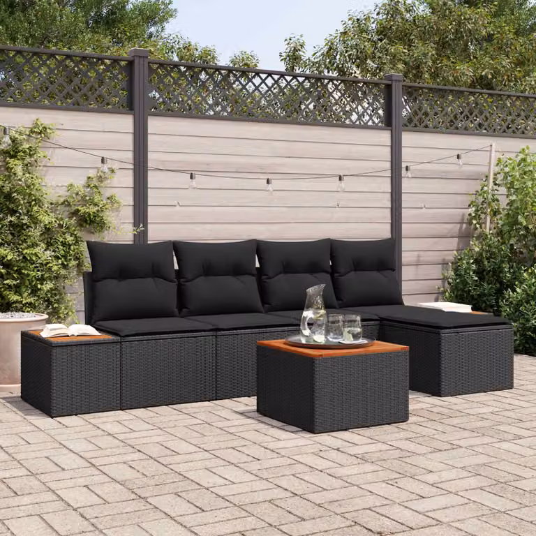 Set Divano da Giardino a L vidaXL 6 Pezzi Nero con Cuscini e Pouf in Polyrattan e Acciaio
